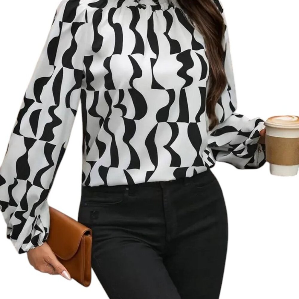 Chevron Wrinkle High Neck Mock Long Sleeve Blouse For Women